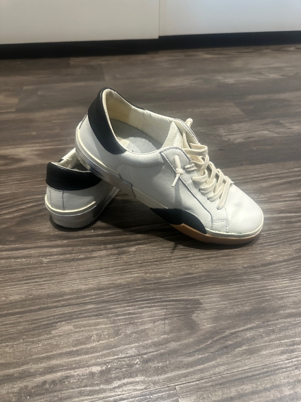Dolce Vita White Sneakers with Black Heel and Navy Side Accent